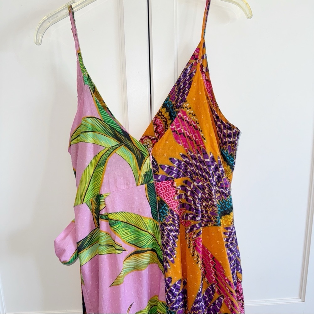 Farm Rio MIXED PRINTS MIDI WRAP DRESS  Sz MEDIUM BEADED MACAWS PINK FOLIAGE - Picture 7 of 15